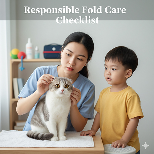 nhan vien thu y kiem tra tai cho meo scottish fold bicolor benh nhi, be trai dung quan sat tren ban kham