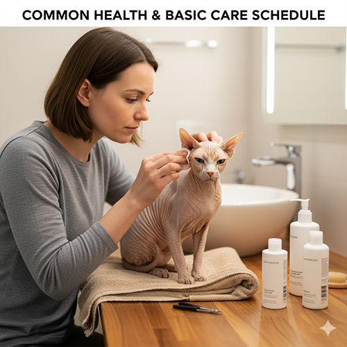 Chăm sóc mèo Không lông Sphynx tại phòng tắm, minh họa sức khỏe thường gặp và lịch chăm cơ bản