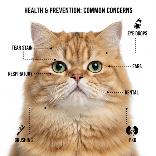 Cận cảnh mèo Ba Tư với các chú thích về tear stain, hô hấp, răng miệng, tai, PKD và grooming – minh họa các vấn đề sức khỏe thường gặp