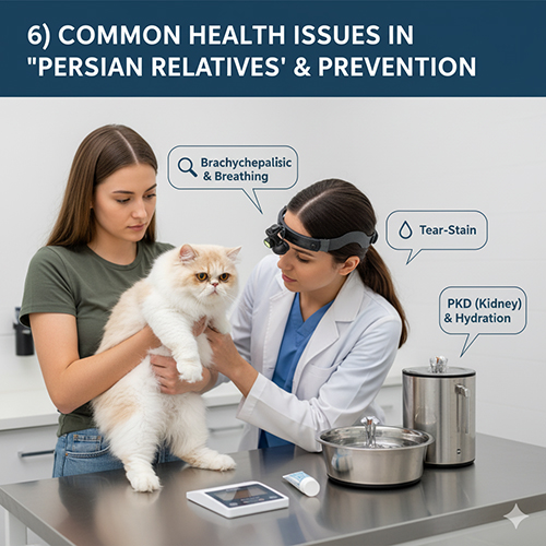 Bác sĩ thú y kiểm tra mèo Ba Tư trước mặt chủ, minh họa các vấn đề hô hấp, rỉ mắt và PKD