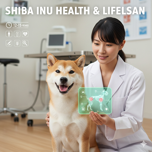 Bác sĩ thú y Nhật đang khám cho chó Shiba Inu với bảng minh họa sức khỏe và xương khớp 12–15 năm tuổi thọ