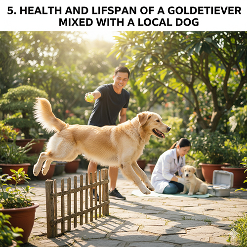 Golden lai chó cỏ vận động ngoài vườn, bác sĩ thú y đang khám cho chó con phía sau