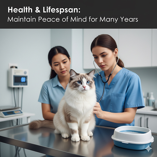 Mèo Ragdoll được bác sĩ thú y kiểm tra sức khỏe, minh họa nội dung về tuổi thọ và các rủi ro thường gặp.