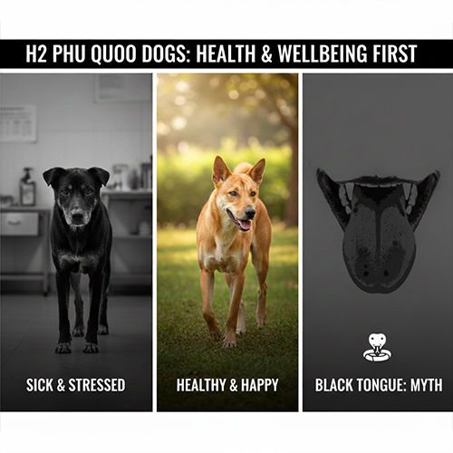 So sánh chó Phú Quốc ốm yếu và chó Phú Quốc khỏe mạnh để nhấn mạnh sức khỏe quan trọng hơn màu lông