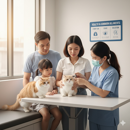 Gia đình đưa hai mèo Munchkin khám tại phòng thú y; bác sĩ kiểm tra tổng quát, minh họa nội dung về sức khỏe và các bệnh thường gặp.