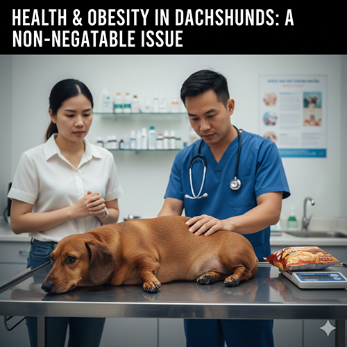 Chó Lạp Xưởng bị thừa cân đang được bác sĩ thú y kiểm tra sức khỏe trong phòng khám