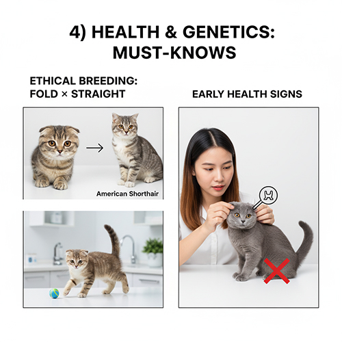 Người phụ nữ kiểm tra tai mèo Scottish Fold và hình minh họa phối giống Fold × Straight với mèo American Shorthair để đảm bảo sức khỏe di truyền