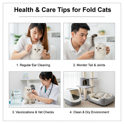 Bác sĩ thú y và chủ nhân đang kiểm tra tai, khớp và sức khỏe mèo Silver Scottish Fold, cùng góc nhà sạch khô với ổ ngủ và khay cát