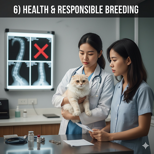 Hai bác sĩ thú y đang kiểm tra mèo Scottish Fold lai Anh lông dài màu vàng kem trong phòng khám, phía sau là phim X-quang cột sống hiển thị dấu X đỏ.