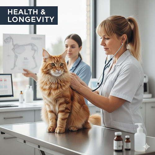 Mèo Maine Coon được bác sĩ thú y kiểm tra trong phòng khám hiện đại.