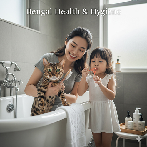 Mẹ và bé gái tắm cho mèo Bengal trong phòng tắm sáng sủa, minh họa cho việc chăm sóc sức khỏe và vệ sinh.