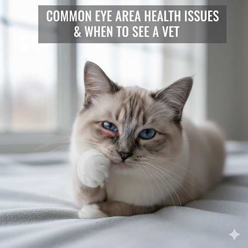 Mèo Ragdoll với một bên mắt đỏ và sưng nhẹ, minh họa vấn đề sức khỏe vùng mắt