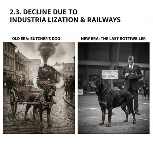 Thời kỳ suy giảm của giống chó Rottweiler khi đường sắt và công nghiệp hóa phát triển