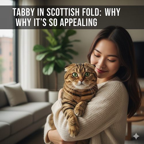 Cô gái ôm mèo Scottish Fold tabby vằn nâu trong phòng sáng, gương mặt mèo tròn và tai cụp dễ thương.