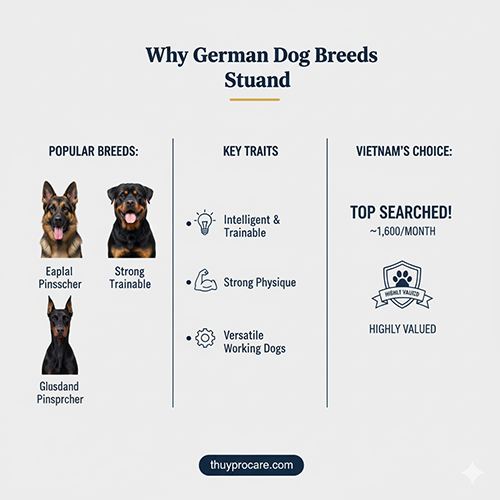 Bảng thông tin giới thiệu các giống chó Đức phổ biến như Becgie và Doberman cùng đặc điểm nổi bật về trí thông minh, thể lực và khả năng làm việc.