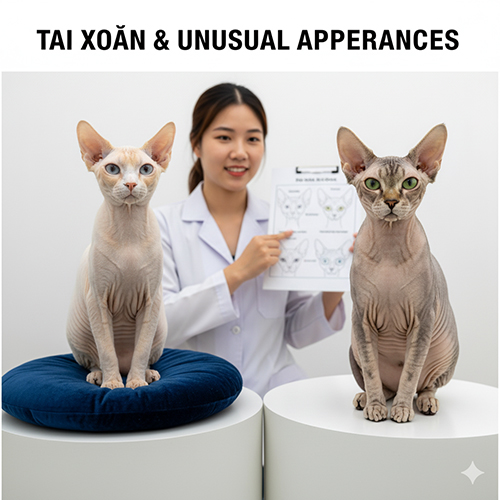 Hai mèo Không lông Sphynx với kiểu tai đặc biệt ngồi cạnh bác sĩ thú y, minh họa phần tai xoắn và diện mạo lạ
