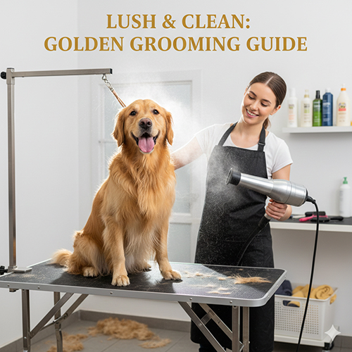 Chó Golden ngồi trên bàn grooming, được nhân viên spa sấy lông – minh họa tắm rửa và vệ sinh cho Golden
