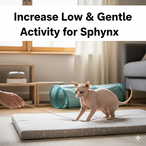 Mèo Sphynx chơi cần câu trên thảm, minh họa hoạt động “thấp và êm” phù hợp giống không lông.