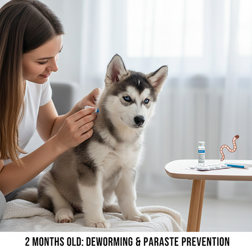 Chó Alaska 2 tháng tuổi được bác sĩ thú y kiểm tra và thực hiện tẩy giun tại phòng khám