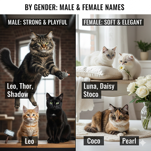 Hình ảnh so sánh mèo đực và mèo cái với các tên gọi gợi ý theo giới tính, mèo đực mạnh mẽ mèo cái dịu dàng