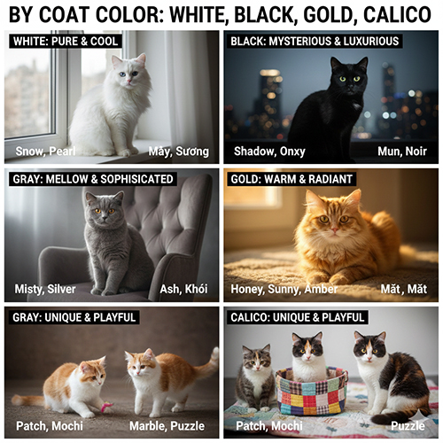 Bộ ảnh minh họa mèo theo màu lông trắng, đen, xám, vàng và tam thể kèm gợi ý đặt tên phù hợp từng màu