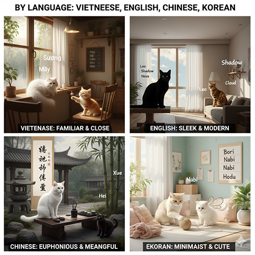 Bộ ảnh mèo được đặt tên theo tiếng Việt, tiếng Anh, tiếng Trung và tiếng Hàn, minh họa cách chọn tên mèo theo ngôn ngữ