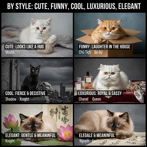 Bộ ảnh minh họa các phong cách đặt tên cho mèo như dễ thương, hài hước, ngầu, sang chảnh và thanh lịch