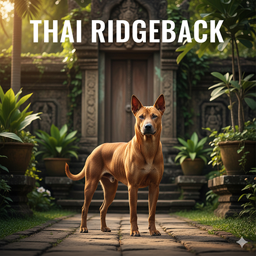 Chó Thai Ridgeback đứng trong sân chùa cổ ở Thái Lan, nổi bật với dải lông mọc ngược đặc trưng trên sống lưng