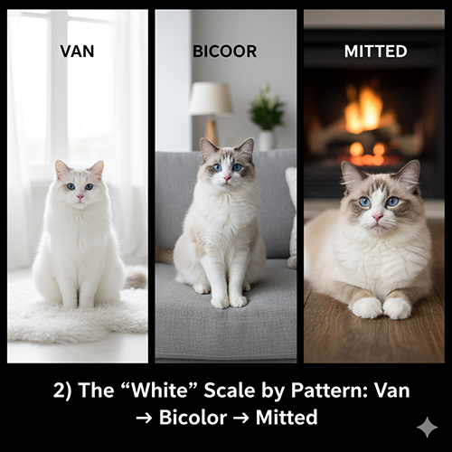 Ba mèo Ragdoll: van rất trắng, bicolor trắng cân bằng và mitted trắng vừa phải, minh họa thang “độ trắng” theo pattern.