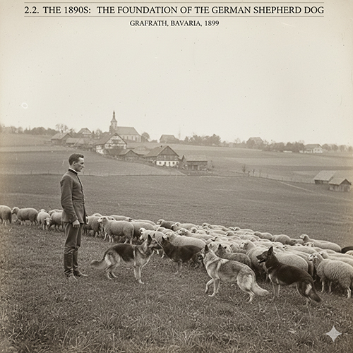 Người đàn ông Đức đứng trước đàn cừu và nhiều chú chó chăn cừu trên đồng cỏ Graf­rath, Bavaria năm 1899