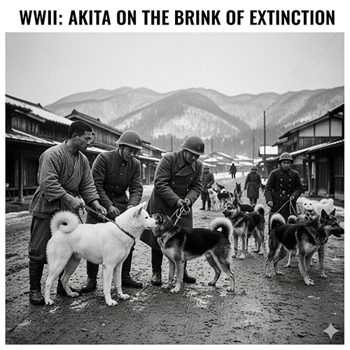 Ảnh đen trắng binh lính Nhật dắt chó Akita trên phố núi trong Thế chiến II