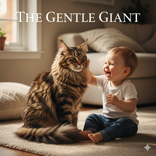 Mèo Maine Coon ngồi cạnh em bé trong phòng khách sáng, thể hiện tính cách dịu dàng.