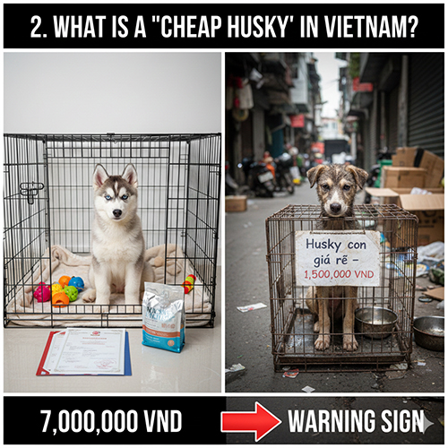 So sánh chó Husky giá chuẩn nuôi trong nhà với chó Husky con giá rẻ bị nhốt lồng ngoài phố kèm cảnh báo
