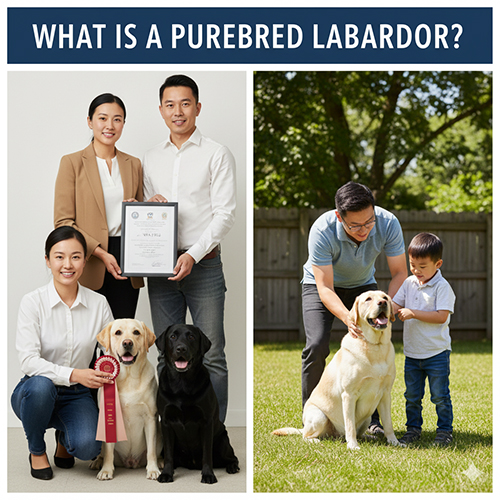 Ảnh gia đình chụp cùng hai chó Labrador thuần chủng vàng và đen có giấy chứng nhận, bên cạnh cảnh bố và bé trai chơi với chó Lab vàng ngoài sân vườn.