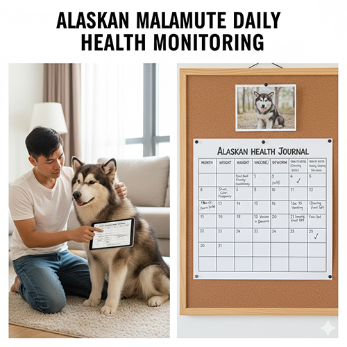 Theo dõi sức khỏe hàng ngày cho chó Alaska bằng checklist ăn uống, phân, vận động và da lông