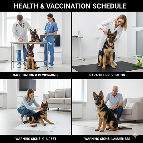 bộ ảnh mô tả các bước tiêm phòng, tẩy giun, phòng ký sinh trùng và nhận biết dấu hiệu bệnh ở chó Becgie con