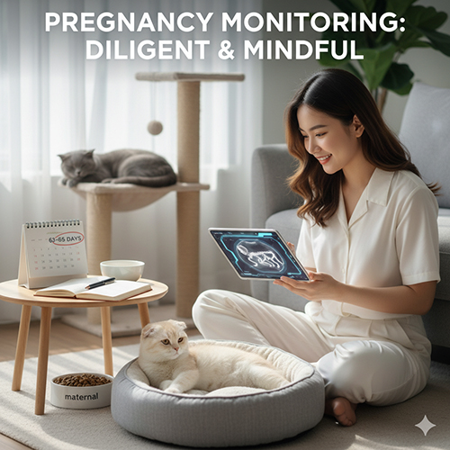 Cô gái ngồi cạnh mèo mẹ đang mang thai trong ổ, dùng máy tính bảng theo dõi hình ảnh siêu âm, trên bàn có lịch ghi 63–65 ngày mang thai và bát thức ăn cho mèo bầu