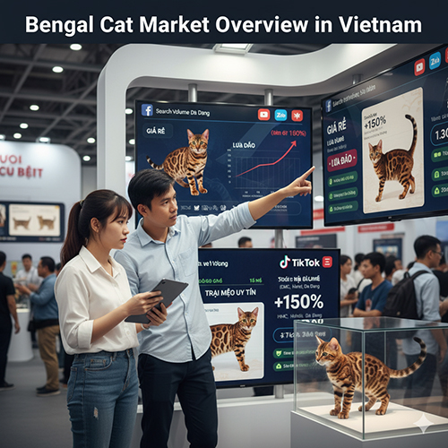Cặp đôi trẻ tìm hiểu bảng giá và biểu đồ xu hướng thị trường mèo Bengal tại Việt Nam, hiển thị trên màn hình kỹ thuật số tại hội chợ thú cưng