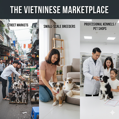 Thị trường mua bán chó Border Collie tại Việt Nam gồm chợ, người nuôi nhỏ lẻ và trại chuyên nghiệp