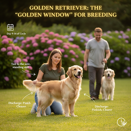 Thời điểm phối giống chó Golden – dấu hiệu “cửa sổ vàng” và biểu hiện chó cái sẵn sàng phối