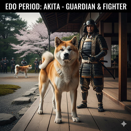 Chó Akita Inu đứng trước võ sĩ samurai trong khu vườn Nhật thời Edo, biểu tượng chó canh gác và chó đấu