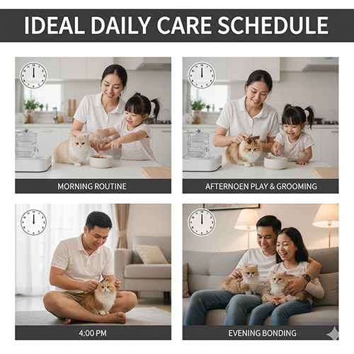 Bộ ảnh lịch trình chăm sóc mèo Munchkin trong ngày: cho ăn sáng, chơi–chải lông buổi trưa, 4 giờ chiều vuốt ve, tối quây quần cùng gia đình.