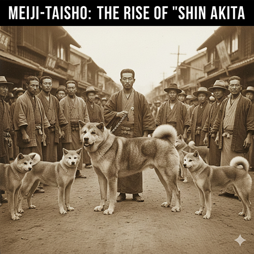 Ảnh cổ phong cách sepia cho thấy người đàn ông Nhật dẫn đàn chó Akita lai đứng giữa phố, gợi thời kỳ “Shin Akita”