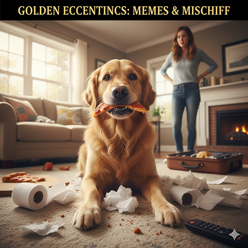 Chó Golden ngậm đồ ăn, làm bừa bộn phòng khách – minh họa thói quen hài hước và các câu hỏi vui về Golden