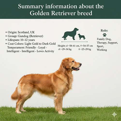 Tóm tắt thông tin giống chó Golden Retriever với hình chú chó đứng trên bãi cỏ nền xanh