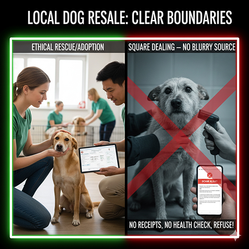 So sánh giữa cứu hộ chó cỏ có kiểm tra y tế và giao dịch nguồn mờ không minh bạch, kèm cảnh báo không tiếp tay mua bán chó không rõ nguồn.