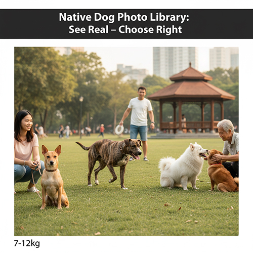 Nhiều người dắt chó cỏ và chó lai dạo chơi trong công viên, minh họa cho bộ sưu tập ảnh thực tế giúp người nuôi nhận diện đúng giống và kích cỡ.