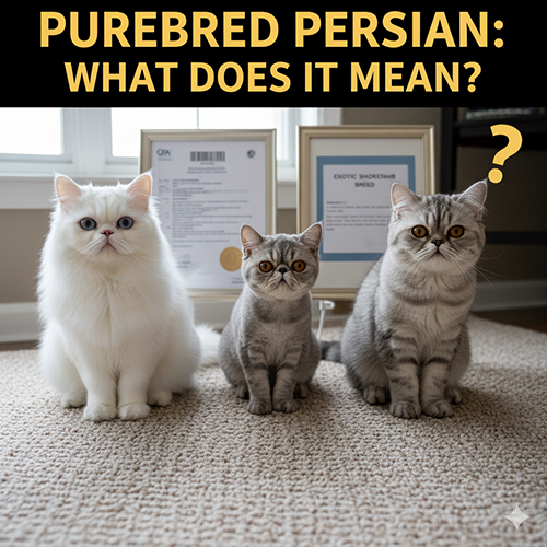 Ba bé mèo Ba Tư và Exotic ngồi cạnh giấy tờ phả hệ để minh họa khái niệm thuần chủng trong giống Persian.