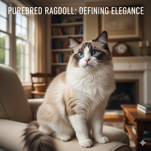 Mèo Ragdoll thuần chủng ngồi trên ghế, mắt xanh đậm, lông bán dài mềm và pattern chuẩn trong phòng khách sáng