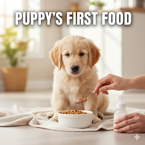 Chó Golden con 2 tháng tuổi đang ăn hạt ngâm mềm và được đút thêm thức ăn mềm bằng thìa